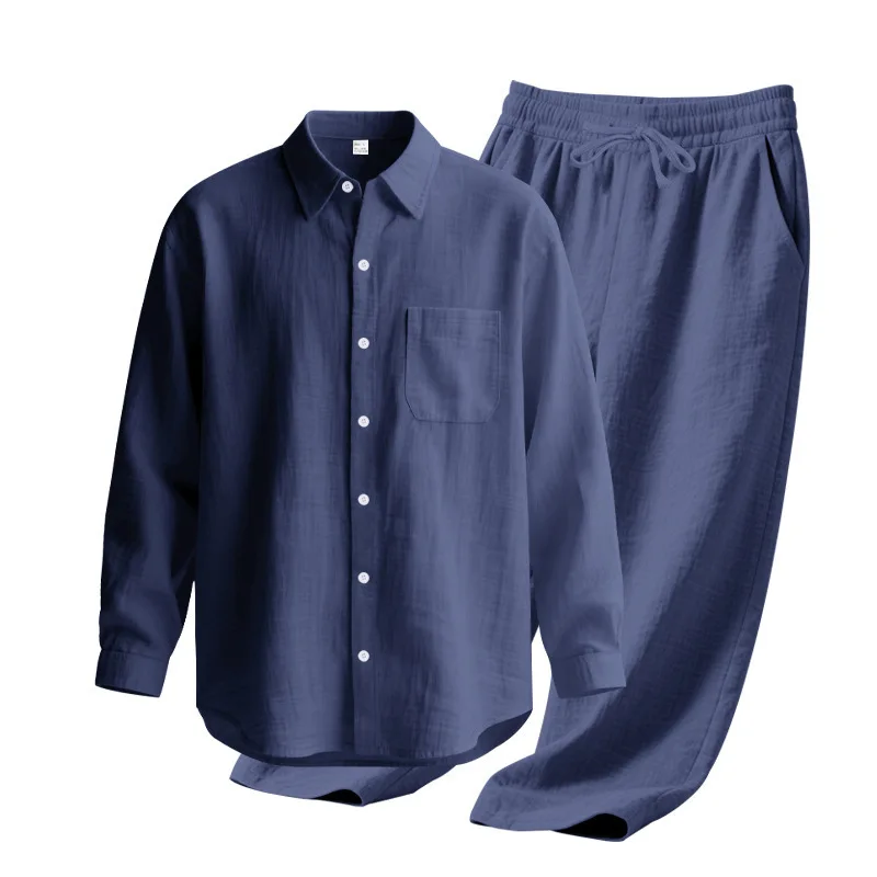 

Men's New Linen Solid Color Lapel Button-down Casual Long-sleeved Trousers Men's Suit