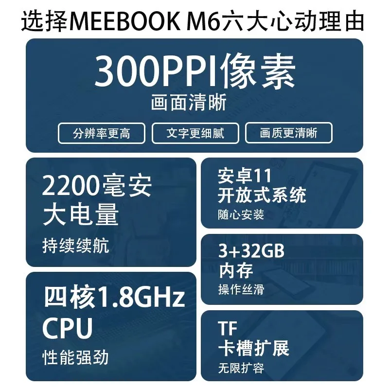 قارئ الكتب الإلكترونية الأصلي Meebook M6 6 بوصة حبر إلكتروني 300PPI قارئ شاشة مع ضوء أمامي مزدوج اللون 3G/32GB Android 11 قارئ الكتب الإلكترونية