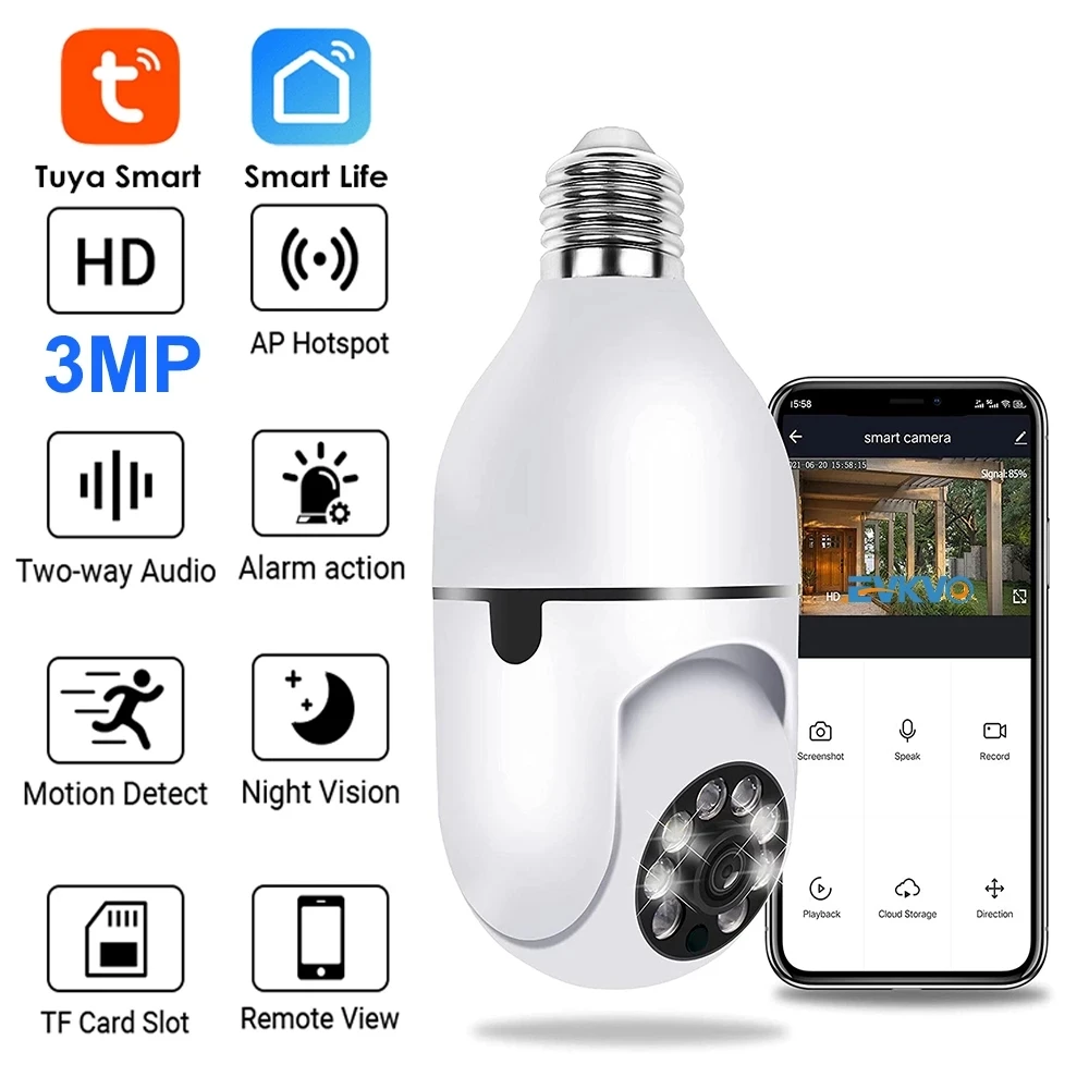 

3MP 1296P Tuya APP 360 Degree Wireless PTZ IP Camera E27 Lamp Head Socket Wireless Intercom Home Security CCTV Monitor