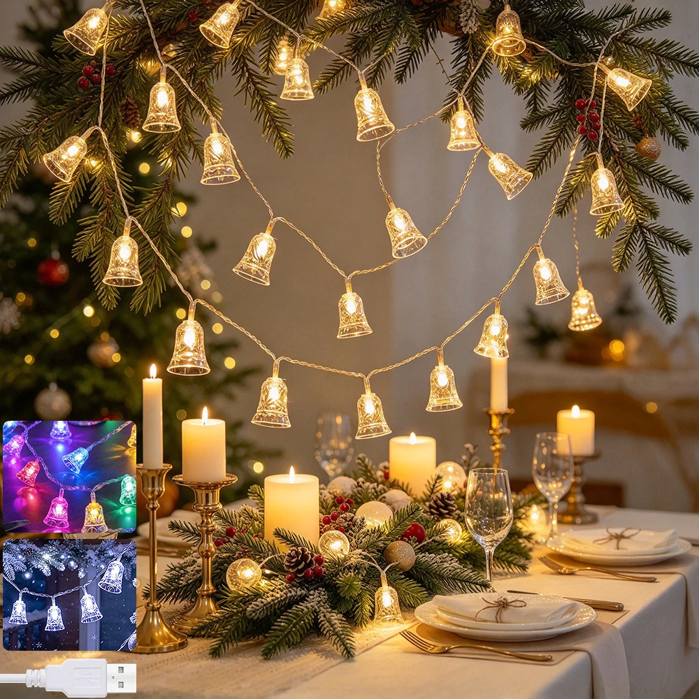 1PC 6M/40LED USB Christmas Bell String Lights, Indoor&Outdoor Christmas LED String Light for Xmas Tree Party Wedding Home Decor