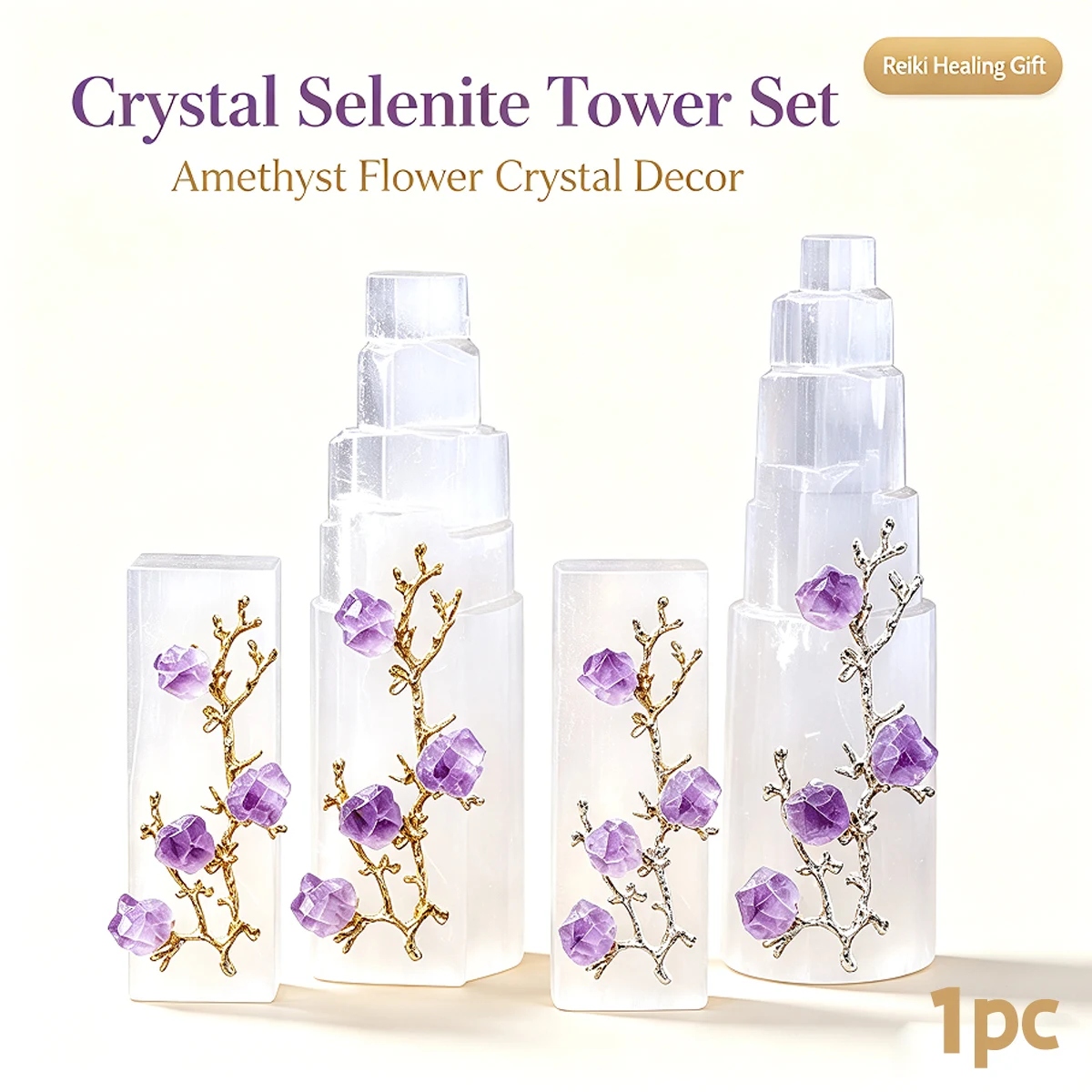 1pc Natural Amethyst Tooth Flower Tree with Selenite Base, Reiki Healing Crystal Tree Ornament, Raw Crystal Mineral Decor, Home