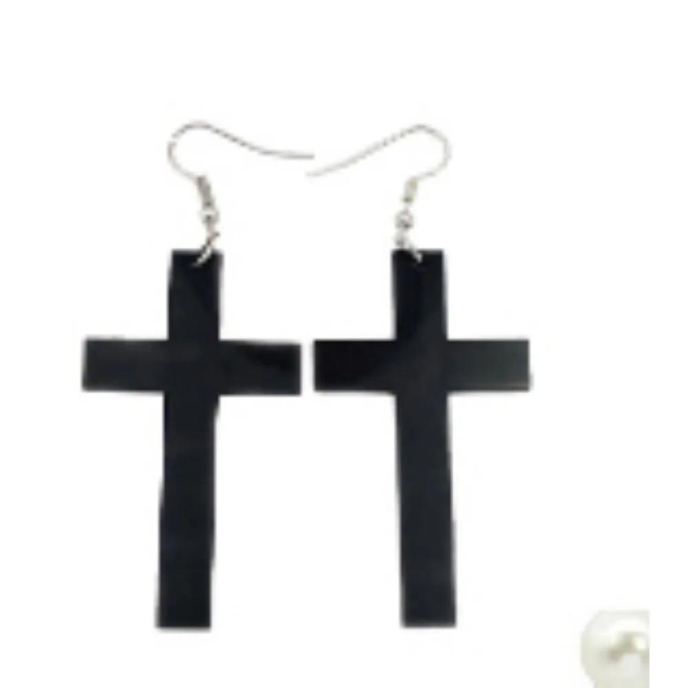 أقراط متقاطعة سوداء مزدوجة ، عصابة رأس بقوس كبير ، مجموعة ألماس لؤلؤ ، إكسسوارات لباس الهالوين ، قلادة متقاطعة