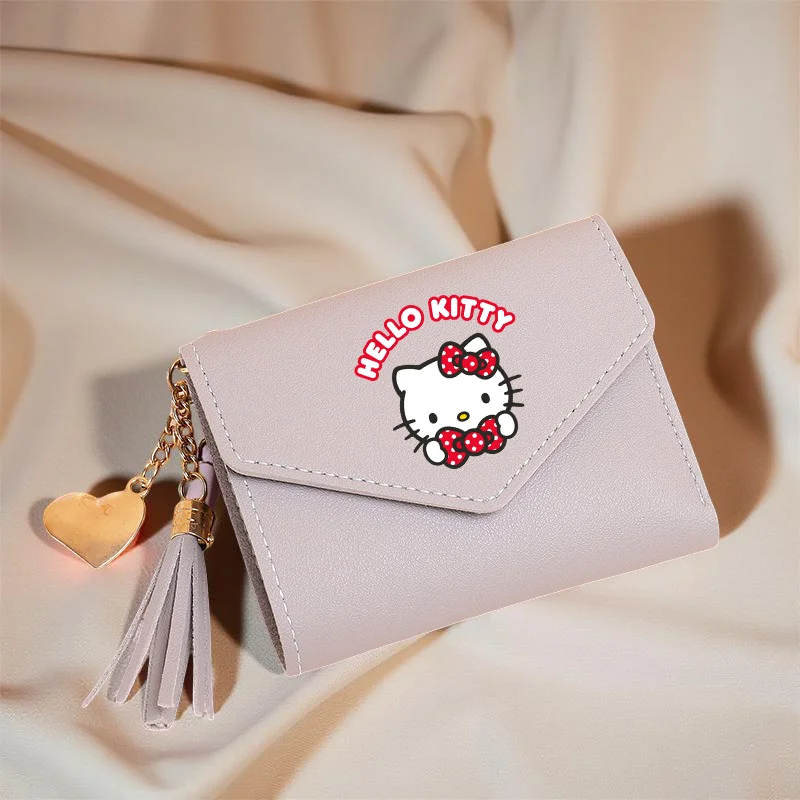 헬로 키티의 귀여운 태슬 장식 지갑 인조 가죽 다기능 지갑, 만화 짧은 지갑 동전 지갑 플랩 카드 케이스