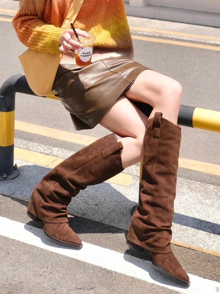 

Женские кожаные ботинки с острым носком и складными манжетами, высокие рыцарские ботинки, винтажные модные ботинки выше колена на высоком каблуке