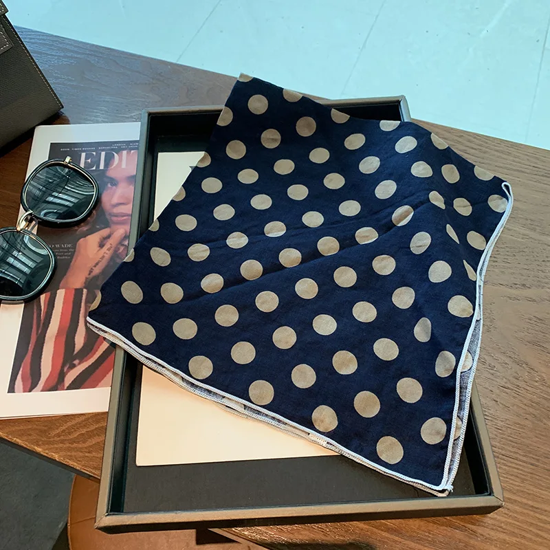 

Синий шарф в горошек из смеси хлопка, элегантный квадратный платок в корейском стиле, женский шикарный галстук