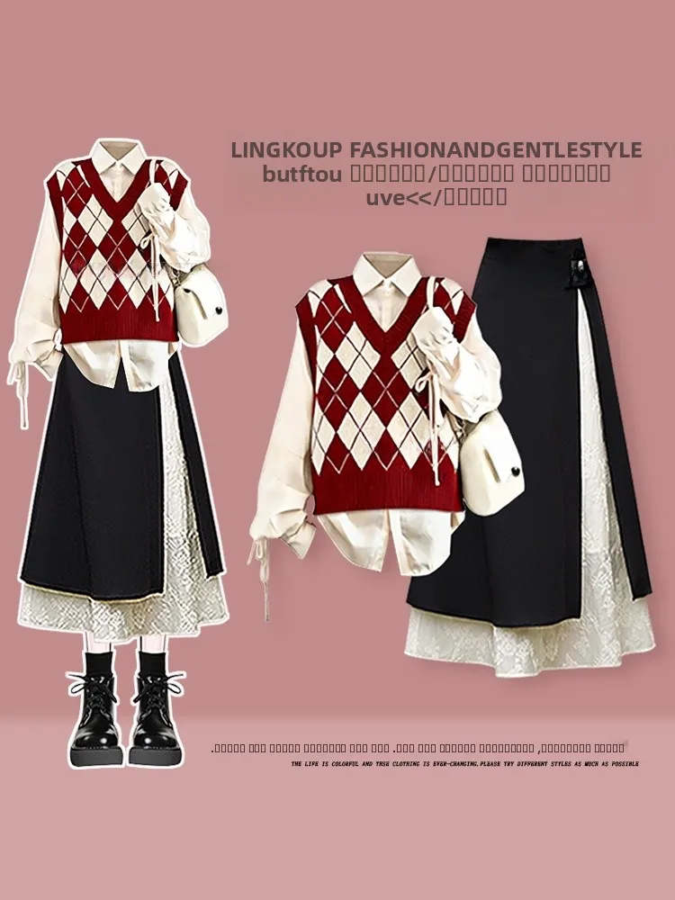 

Комплект из вязаных изделий больших размеров для женщин: осенне-зимний повседневный жилет с эффектом омоложения и коррекции фигуры, уникальная юбка с пэчворком и футболка-топ.