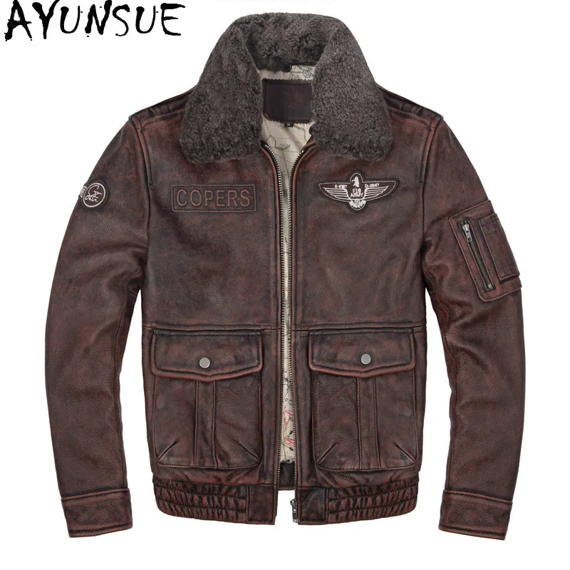 AYUNSUE Fashion Genuine Leather Jacket Men High Quality 100% Top Layer Cowhide Real Leather Coat Man Clothing Vintage Casual