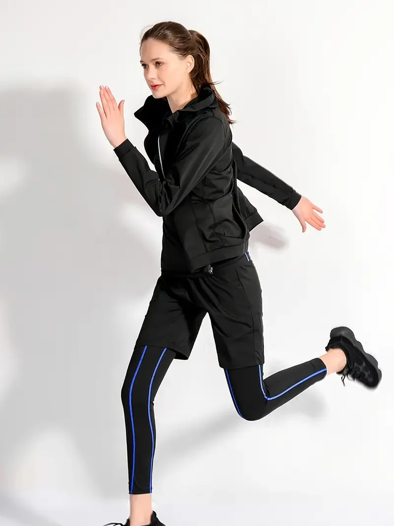 

3pcs Workout Sets, Quick Drying Hooded Track Jacket & Sports Shorts & Cropped Leggings With Stripes Details, Women's Activewear