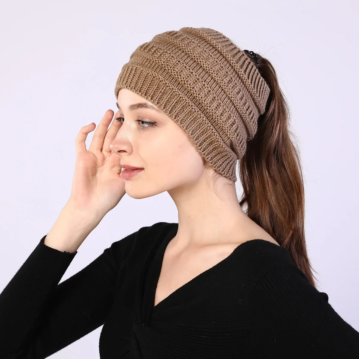 Fashion Winter Knitted Hat Ponytail Beanie For Women Casual Warm Caps Female Beanies Women Hats Ladies Skullies Solid Color 2023