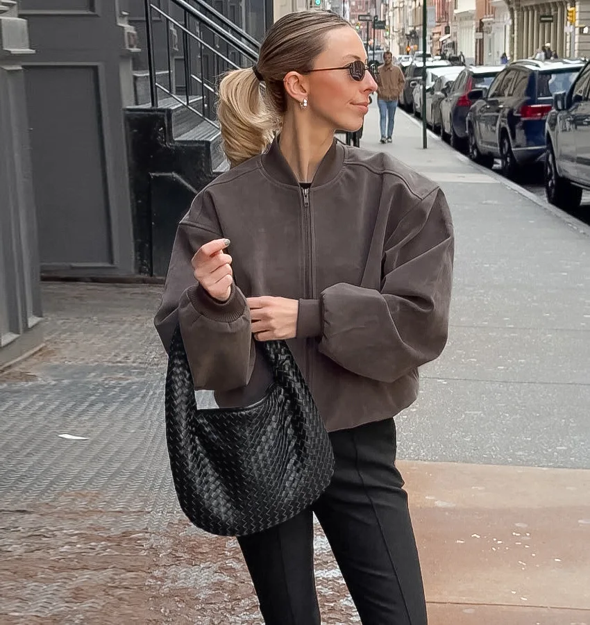 Chaqueta de cuero de ante para mujer, chaqueta Bomber Vintage de calle alta, cortavientos para primavera y otoño, ropa de moda para mujer, prendas de vestir exteriores