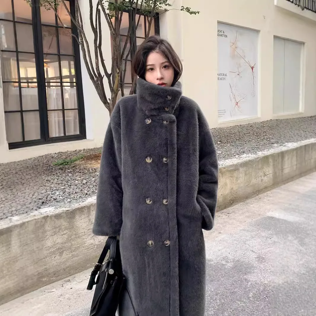 النساء فو الفراء معاطف طويلة جاكيتات الوقوف طوق معطف سميك دافئ Y2k الشارع الشهير سترة أنيقة العمل ملابس خارجية غير رسمية الخريف الشتاء