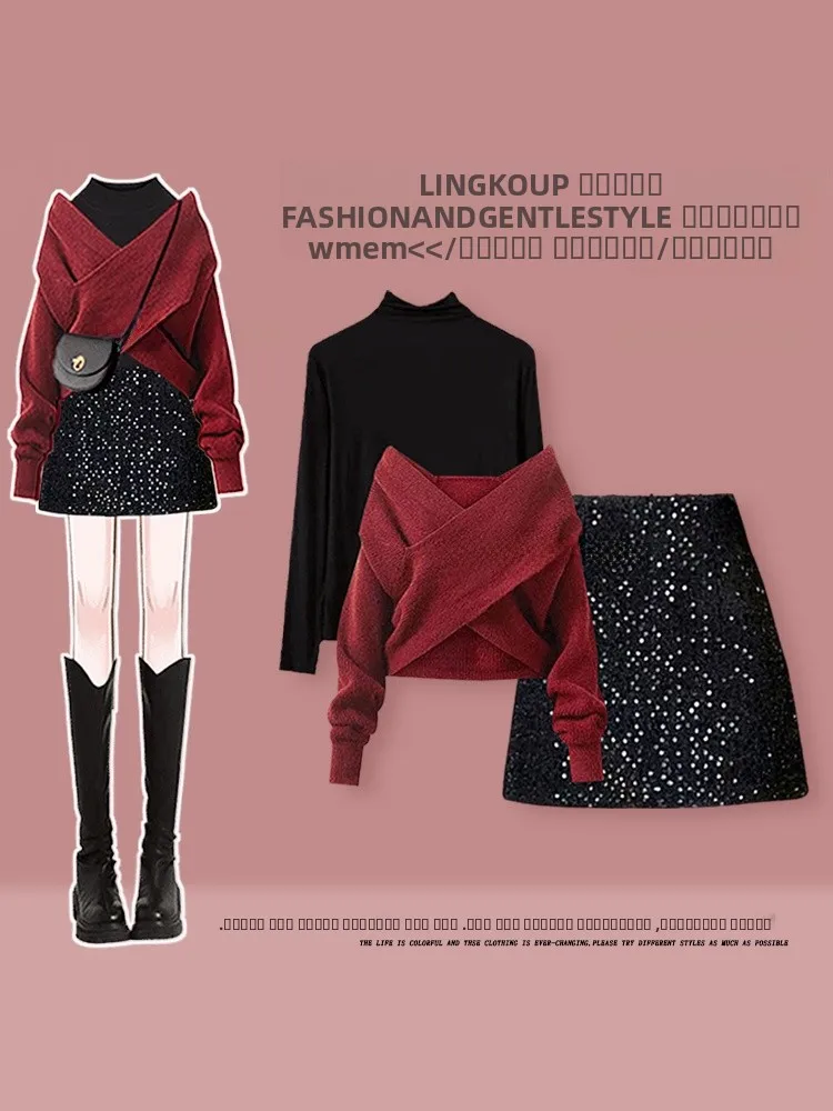 

Корейский комплект вязаного свитера Sle Cisas, женский красный базовый слой, юбка с пайетками, комплект из футболки, зимняя мода