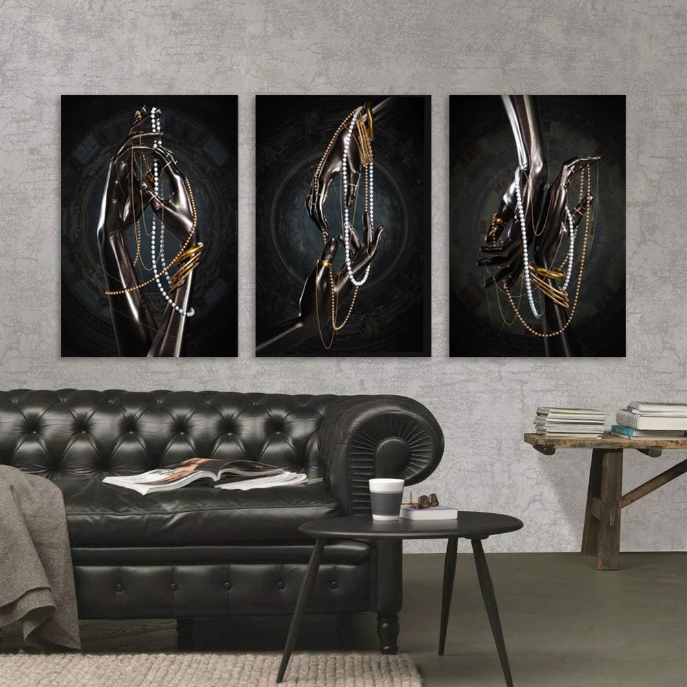 3pcs Clasped Hands Posters Pearl Metal Chain Canvas Painting Wall Art Pictures Living Room Abstract Modern Home Decor No Frame