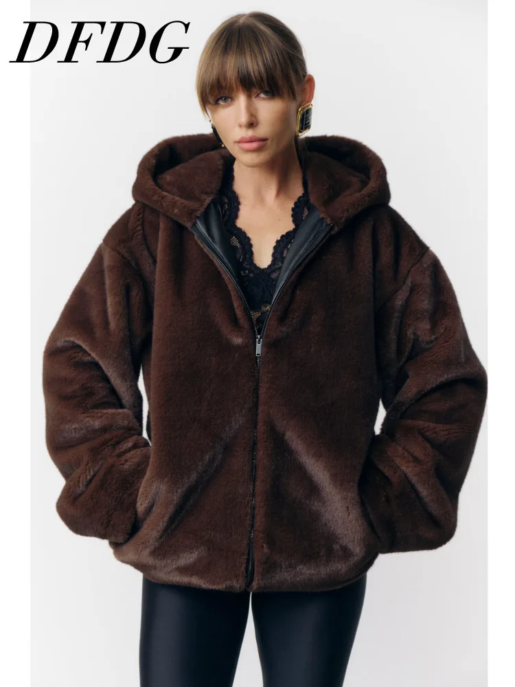 

DFDG Winter 2025 Women’s Vintage Eco Faux Fur Coat Maillard Shearling Hooded Jacket Premium Warm Thickened Brown Outerwear Coat