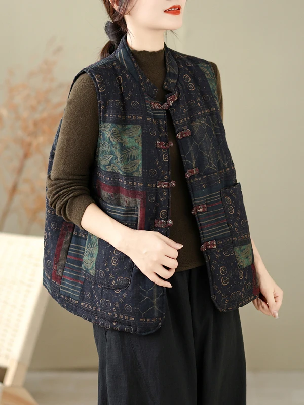 Thickened Cotton Linen Vest Women's Autumn Winter Printed Button Warm Artistic Retro Style Fashion Outerwear Casual Wear