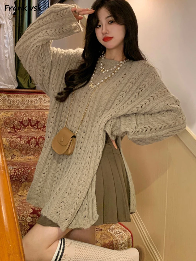 Side Slit Sweaters Women Vintage Loose Japanese Style Slouchy Advanced Temperament Hollow Out Classic Fashion Aesthetic Autumn