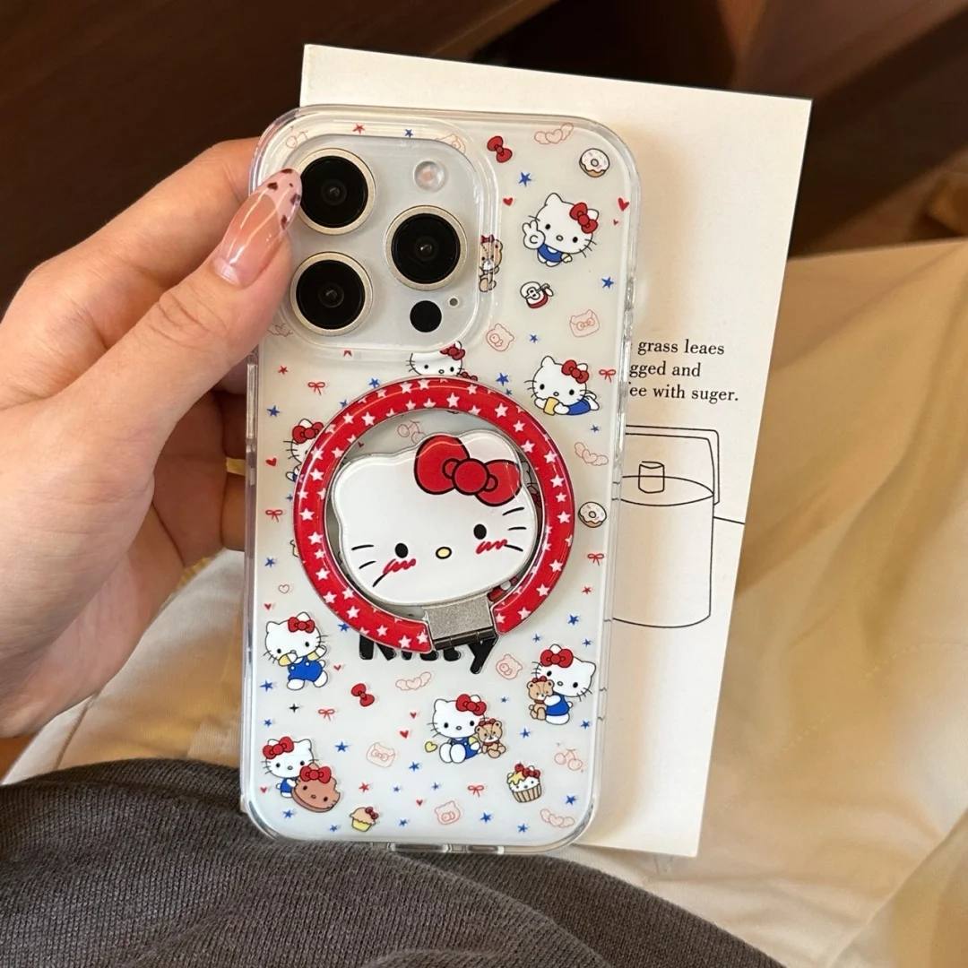 

Magnetic ring Holder Magsafe Wireless Charge Hello Kitty Phone Casing For Iphone 16 12 15 14 13 Pro Max Plus XR XS Case﻿