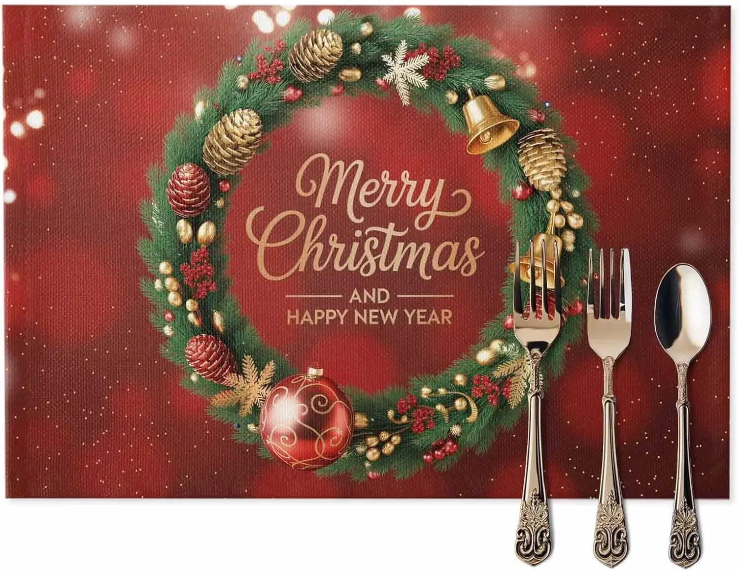 Christmas Pine Branch Ball Ribbon Placemats for Kitchen Dining Decor Washable Winter Holiday Placemats Christmas Decorations