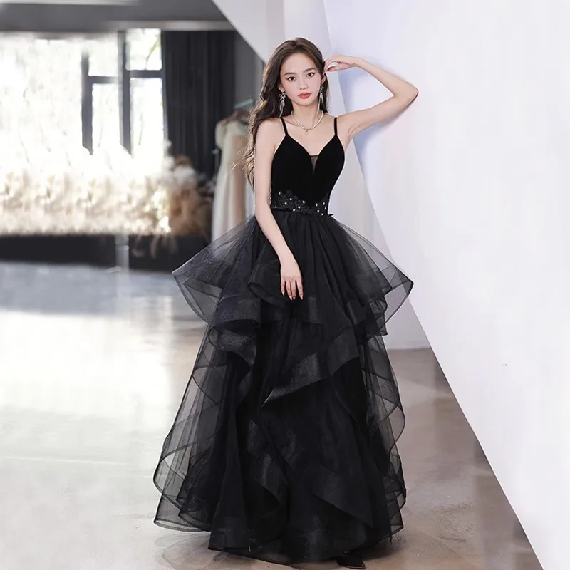 Black Elegant Evening Dress for Women 2025 New Style with Fairy Style Evening Dress, Sexy Celebrity Dress, Autumn Sexy Strap