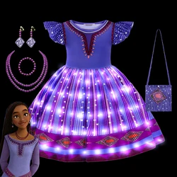 Disney Wish Asha Girls Dress LED Light Up Halloween Cosplay Princess Christmas Kids Stage Performance Birthday Party Costume