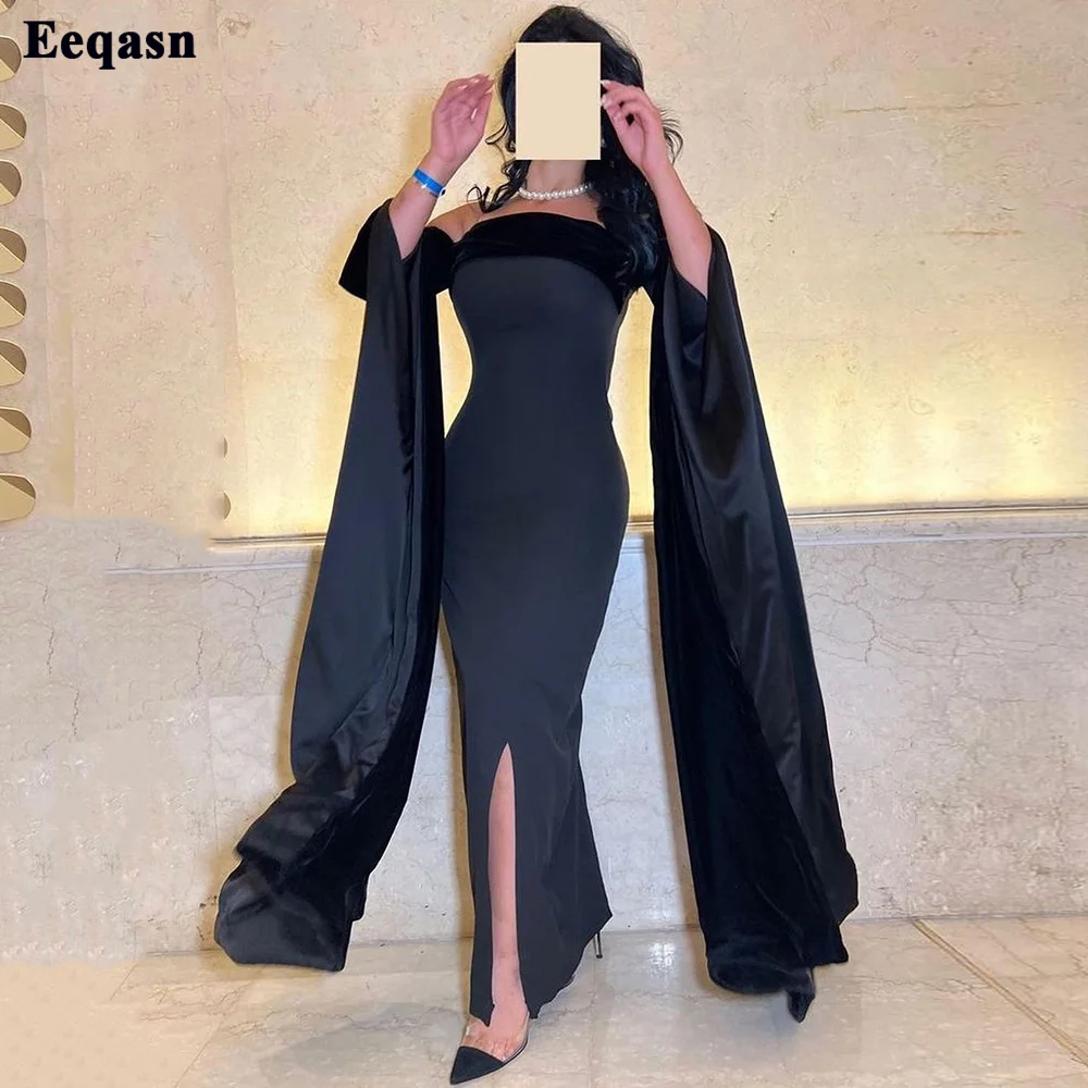 

Bafftafe Arabia Black Mermaid Evening Dresses Eastic Satin Velvet Women Open Long Sleeve Formal Party Dress Bodycon Prom Gowns