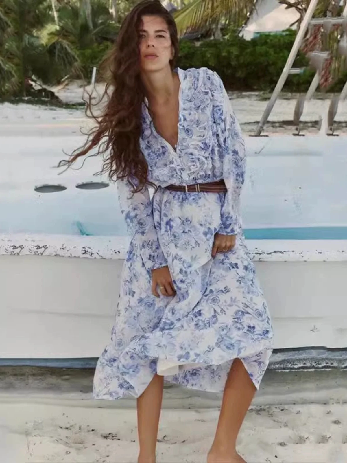 Frühling New Faion Damen Dr Belted Layered Decorative Print Street Sle Long Sve V-Ne Anderes Material Einzelstück