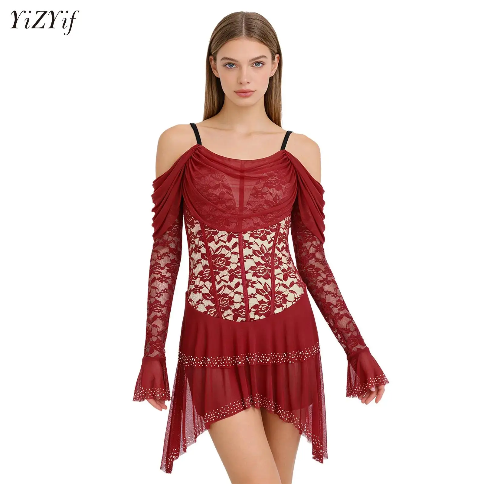 

Women Modern Ballet Stage Performance Costume Latin Tango Salsa Prom Leotard Dress Lyrical Dance Floral Lace Gymnastics Bodysuit