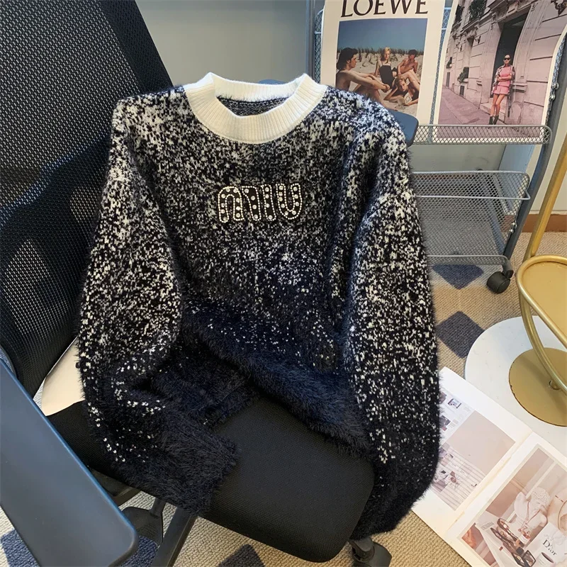 Lettera Diamanti Maglione lavorato a maglia Donna Allentato Casual Manica lunga Moda coreana Nuovo in vestiti Traf Top Tira Femme Autunno Inverno
