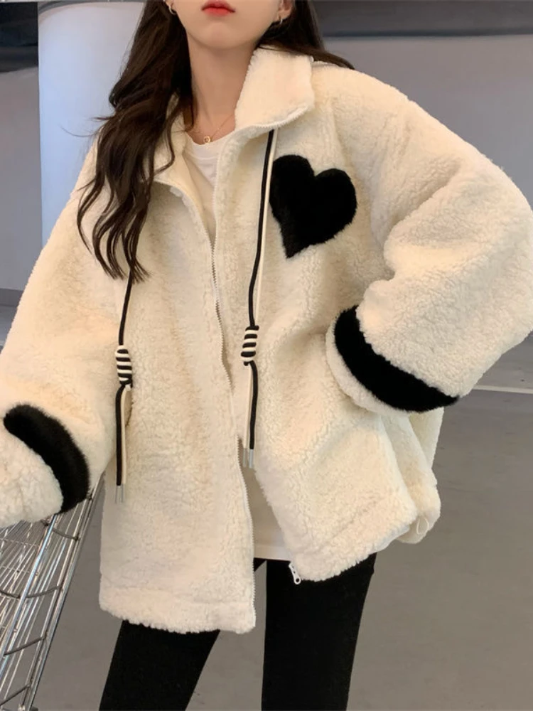 Women Jacket Lamb Plush Thickened Love Stand-up Collar Jacket Women Loose Korean Winter New Student Zipper Plus Fleece Top Tide