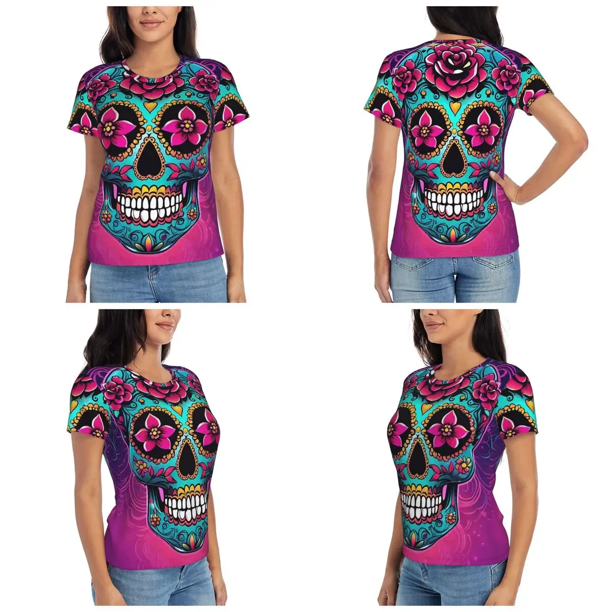 Mexican Sugar Skulls And Flowers T-Shirt for Women Round Neck Streetwear T Shirts Women's Short Sleeve Summer Clothes Tops