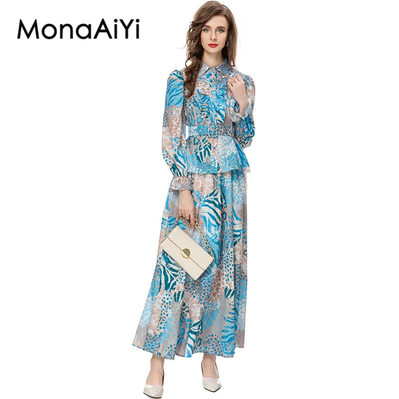 MonaAiYi New Fashion Designer Suit Women's Vogue Abstract printing Adjustable Belt Blue Tops+Loose Pleated Skirts 2pcs Set