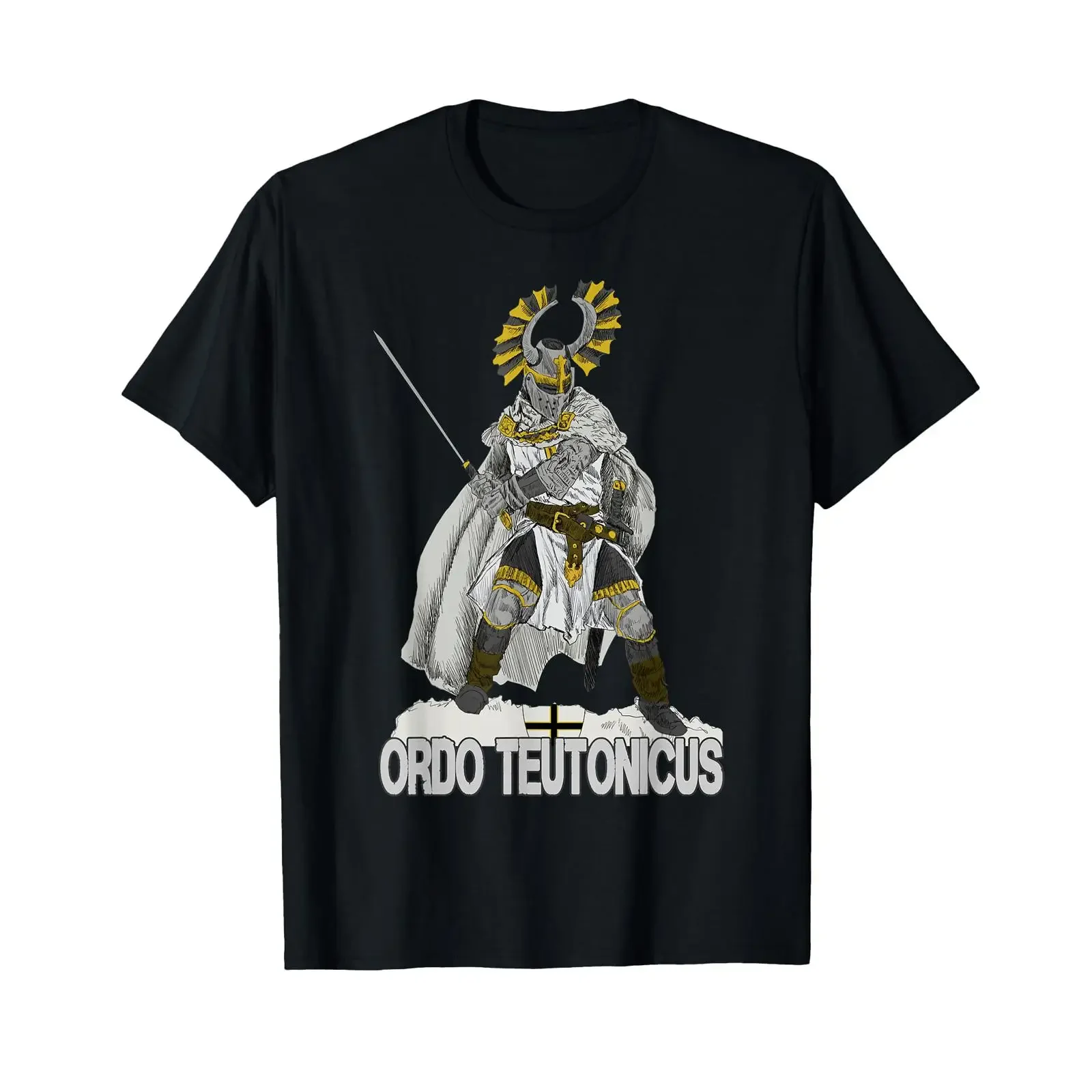 Camiseta Knight of the Deutsche Orden Crusader preta vintage lavada macia unissex casual masculina confortável com estampa estilosa
