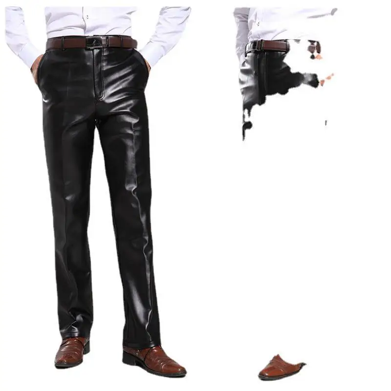 2022 New Casual Men's PU Leather Pants Motorcycle Windproof Straight Tube Plus Size Fleece Motorcycle Casual Men's Leather Pants