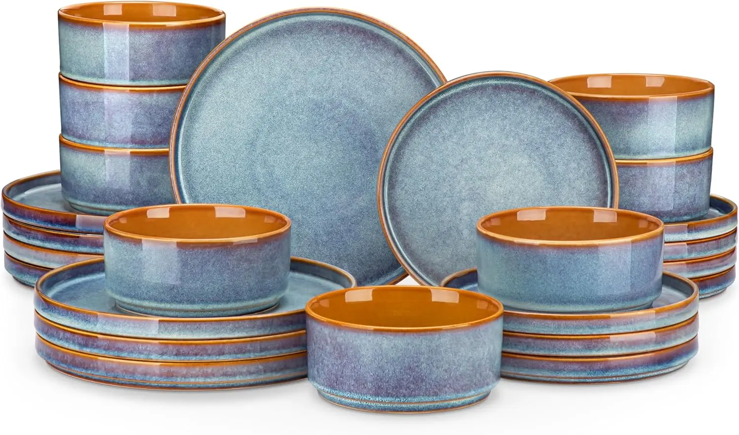 

24-Piece Blue Ceramic Dinnerware Set for 8, Reactive Glaze Plates and Bowls, Dishwasher & Microwave Safe