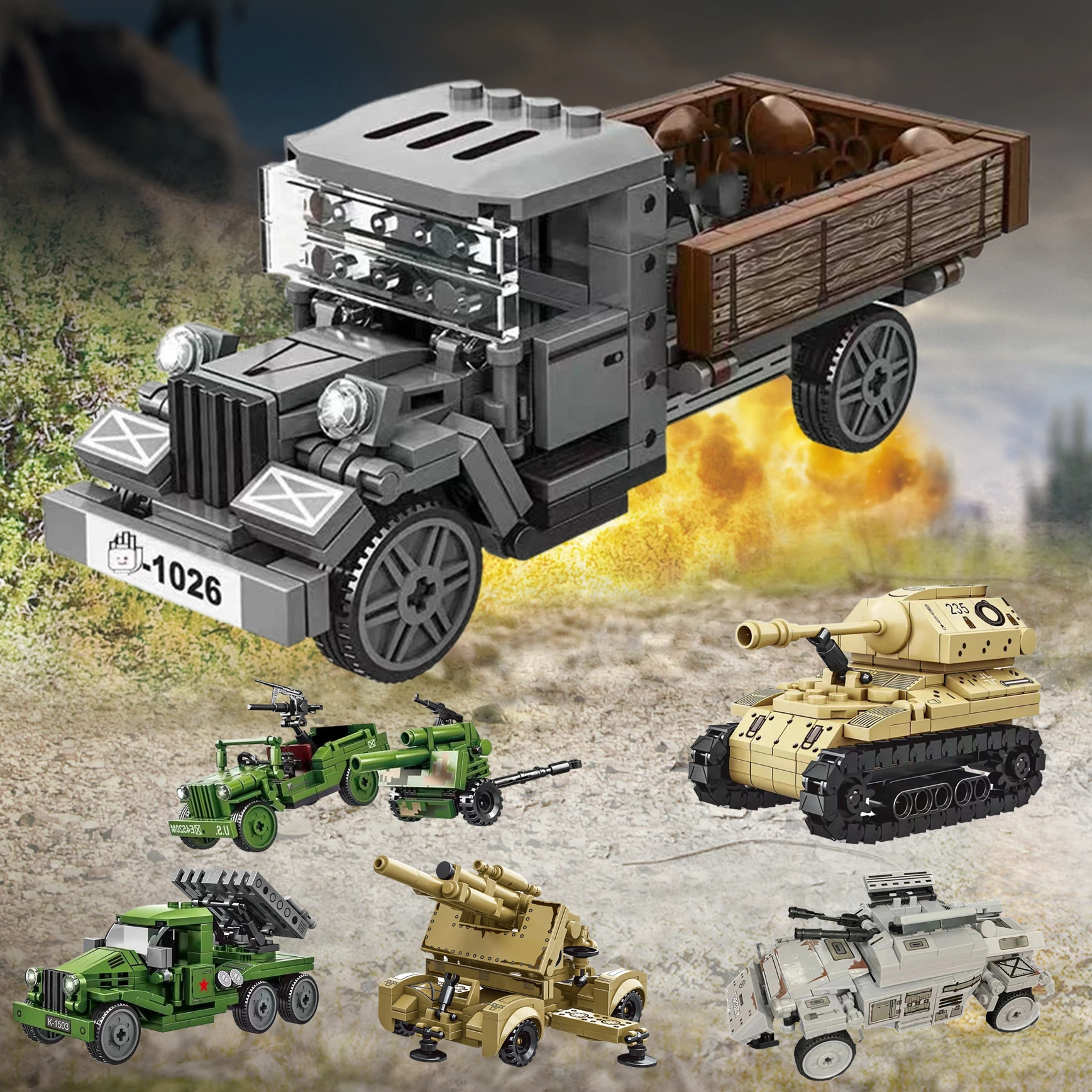 Military Patrol German Opel truck anti-aircraft gun Weapon Building Blocks WW2 Army Soldiers Brinquedos Bricks Classic Kids Toys