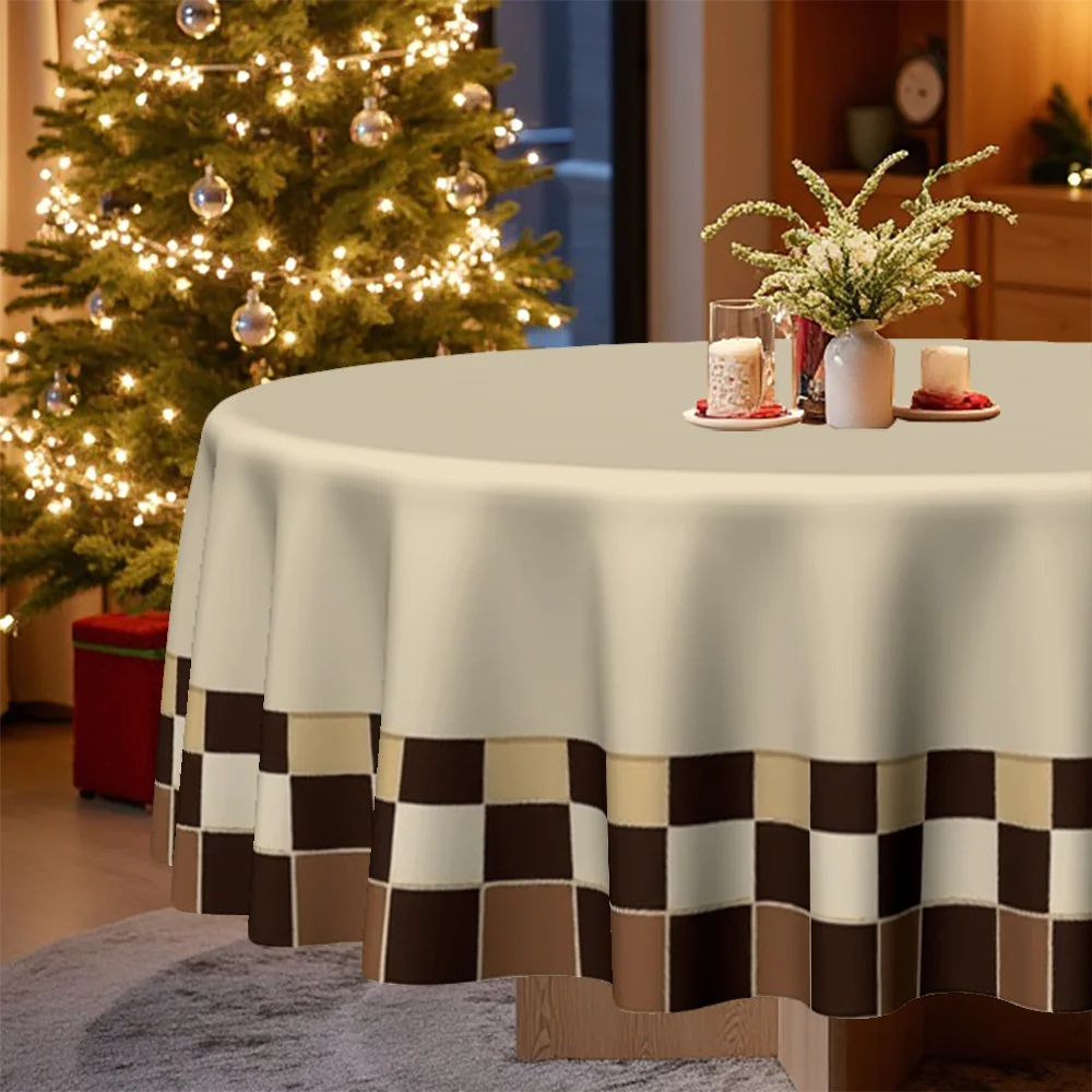 One checkered Christmas tablecloth, specially designed for round tables, is perfect for a family kitchen.