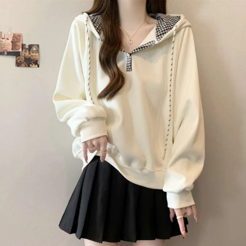 Hoodies Sweatshirt For Women Plaid 90s Vintage Korean Popular Clothes Coat Cotton Kpop Basic Spring And Autumn Woman Hooded Tops