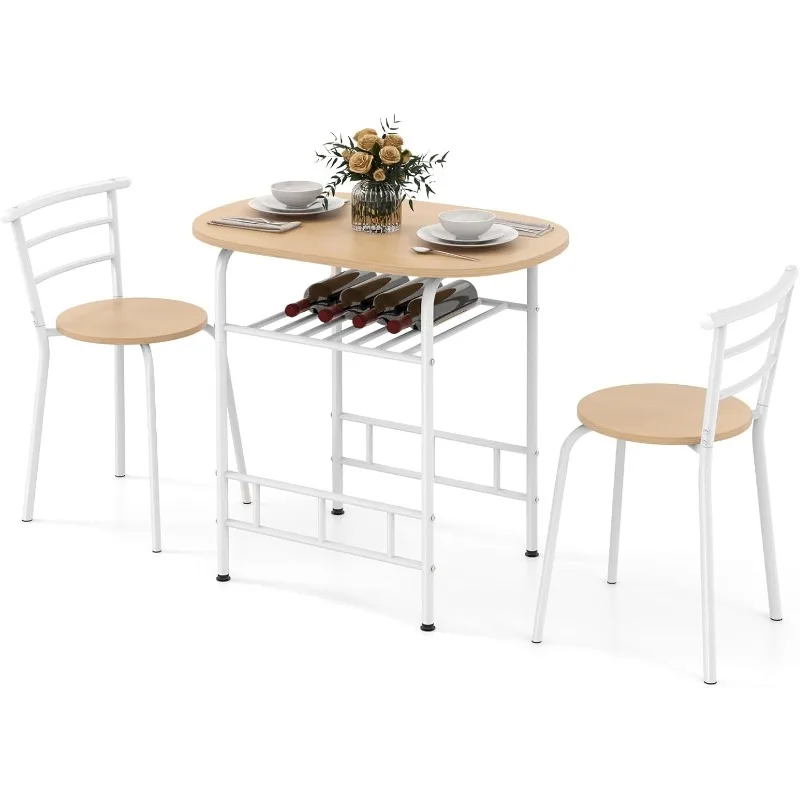 

3 Piece Dining Set Compact with Metal Frame and Shelf Storage Bistro Pub for Apartment and Kitchen ,White & Natural