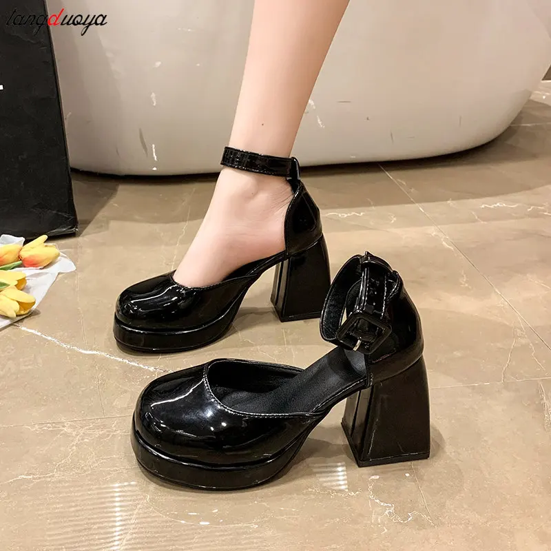 Women\'s High Heeled Mary Janes Shoes 2024 new Vintage Platform Black Sandals Woman Solid Elegant Office Party Pumps Summer