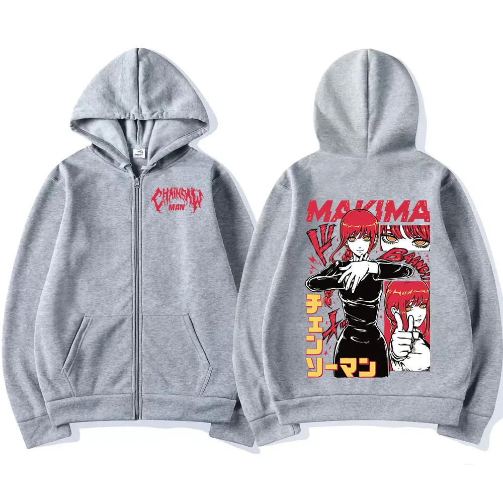 Japan Anime Chainsaw Printed Hooded Makima Funny Print Men Women Zip Up Hoodies Plus Size Sweatshirt Harajuku Warm Zipper Jacket