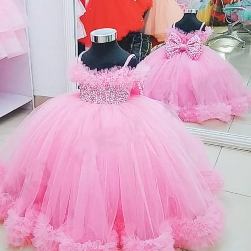 Vintage Pink Ball Gown Flower Girl abiti cinghie collo Kid Birthday Party Dress costumi abiti