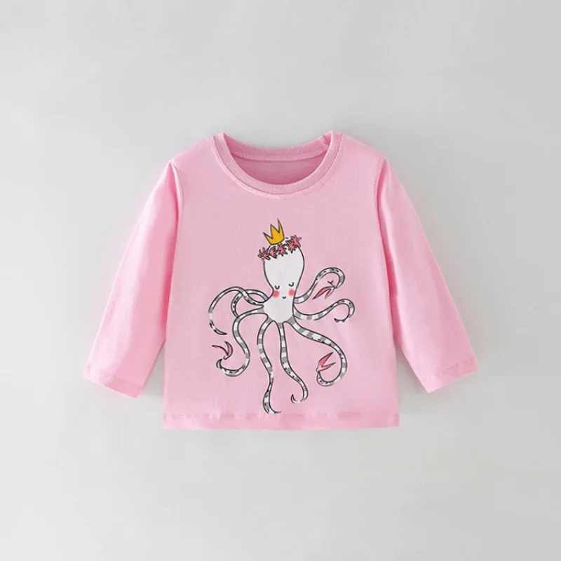 Spring Baby Boys Solid Cotton Clothes Kid Octopus Printed O Neck Pullover Children Girls Casual Long Sleeve T-Shirts