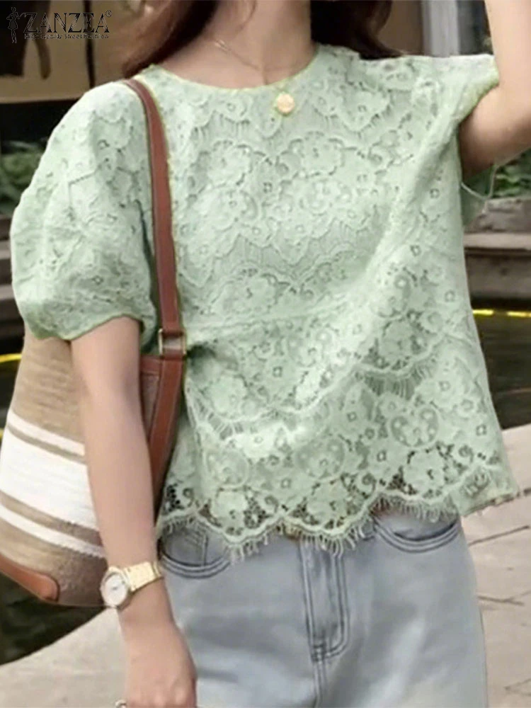 

Vintage Lace Blusas Women Seethrough Tops Summer Short Puff Sleeve Irregular Hem Tunics 2025 ZANZEA Casual O-Neck Pullover