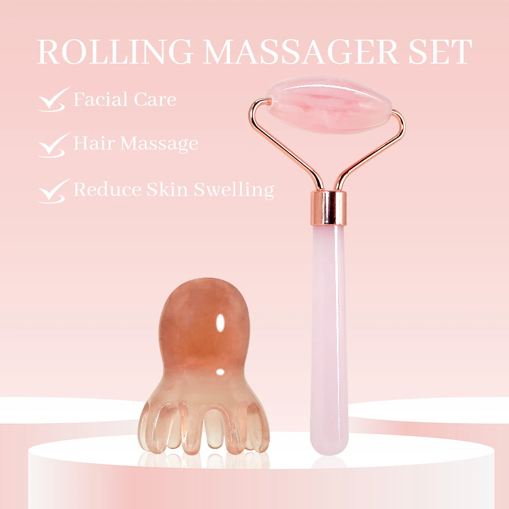 

2-х предметный роликовый массажер, нефритовый роликовый массажер и осьминога для ухода за лицом, массаж волос, уменьшение отеков кожи, ежедневная красота