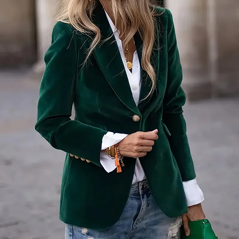 Winter Elegant Button Velvet Fit Overcoat Autumn Lapel Blazer Coats Women's Casual Long Sleeve Short Jackets