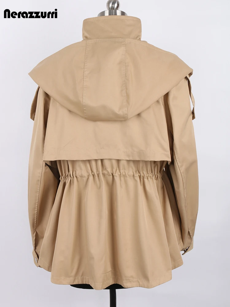 

Nerazzurri Spring Autumn Khaki Windbreaker Jacket Women with Hood Stand Collar Drawstring Waist Elegant Luxury Designer Clothes