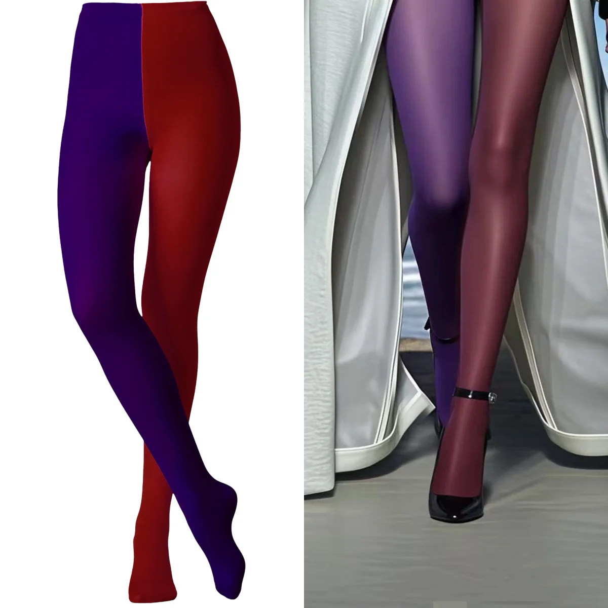 2026 Damen Zweifarbige Dopamin-Farben-Strumpfhose, Zweifarbige Strumpfhose, Asymmetrische Strumpfhose, Duo-Strumpfhose, Zweifarbige Strumpfhose für Damen, 2 Farben – Detail 8