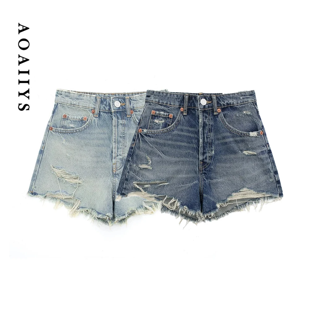 Aoaiiys Ripped Denim Shorts for Women High Waisted Y2k Shorts Chic Basic Fashion Hot Pants Streetwear Summer Blue Jean Shorts