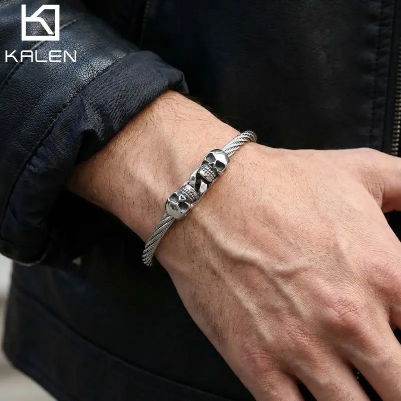 KALEN Draht-Schädel-Armreif für Herren, Punk-Schmuck aus Edelstahl 304 - KB86274-BD