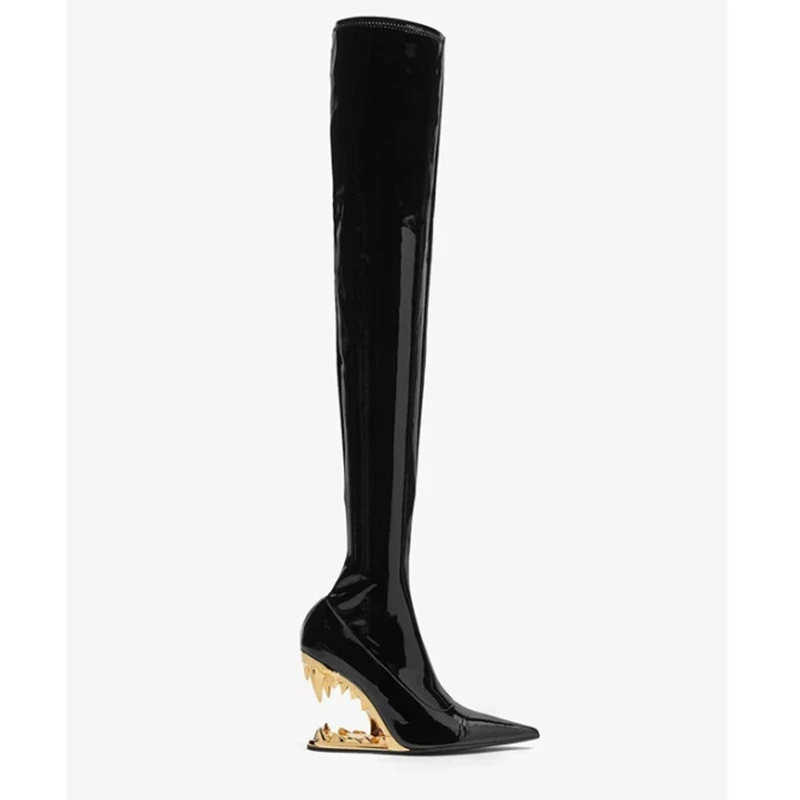 Silver Teeth Women High Heels Shoes European American Style Pointed Toe Knee High Long Boots Sexy Ladies Zipper Designers Botas